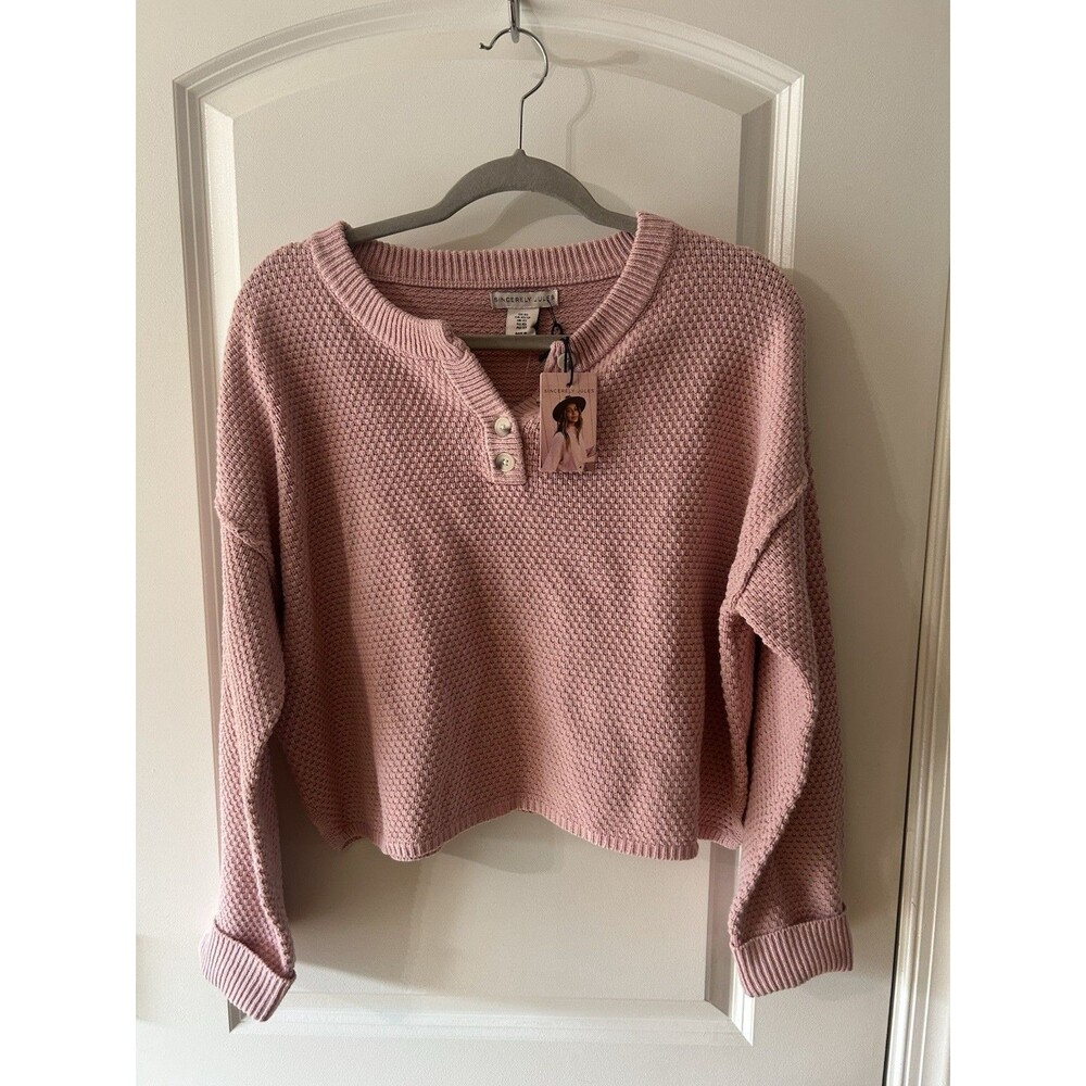 Sincerely Jules Size XS Pink Waffle Knit Button Henley Sweater NWT - Picture 3 of 10